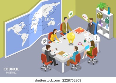 3D Isometric Flat Vector Conceptual Illustration of Board Meeting, Communication of Business People