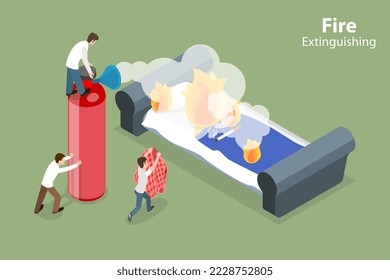 Vector plano isométrico 3D Ilustración conceptual de la extinción de incendios, medidas preventivas de seguridad de ignición