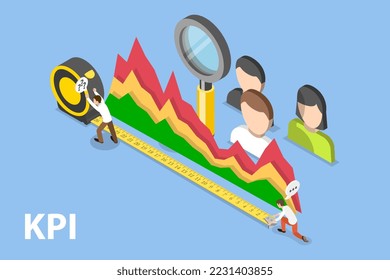 Isometric Flat Vector 3D Ilustración conceptual de KPI como indicador clave de rendimiento, gestión del personal y desarrollo del personal