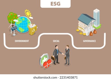 3D Isometric Flat Vector Conceptual Illustration of ESG as Environmental, Social and Corporate Governance, Sustainable and Ethical Business