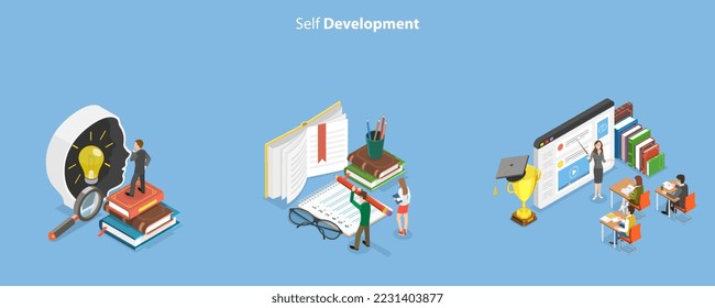 3D Isometric Flat Vector Conceptual Illustration of Self Development, Learning and Education