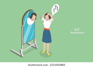 3D Isometric Flat Vector Conceptual Illustration of Self Awareness, Mindfulness and Self-analysis