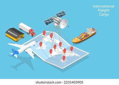 3D Isometric Flat Vector Conceptual Illustration of International Freight Cargo, Global Logistics Network