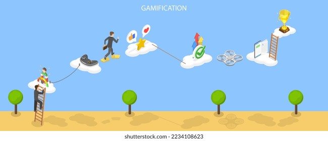 3D Isometric Flat Vector Conceptual Illustration of Gamification Marketing Campaign, Interactive Content and Customer Engagement