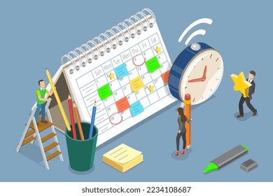 3D Isometric Flat Vector Conceptual Illustration of Task Schedule, Work Planning and Time Management