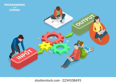 Ilustración conceptual de la programación y codificación, el proceso y la sistematización de la información cruda y fragmentada del vector plano isométrico 3D