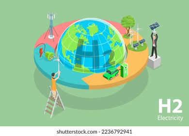 3D Isometric Flat Vector Conceptual Illustration of H2 Electricity, Renewable Energy Source