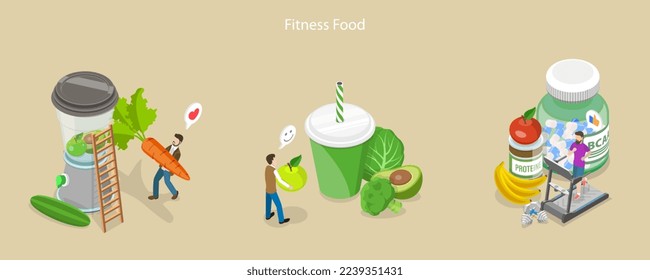 3D Isometric Flat Vector Conceptual Illustration of Fitness Nutrition, Healthy Eating