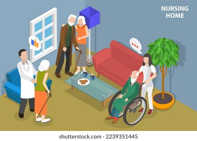 3D Isometric Flat Vector Conceptual Illustration of Nursing Home Service, Healthcare and Social Support