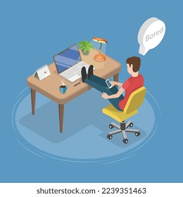 3D Isometric Flat Vector Conceptual Illustration of Boredom In Workplace, Unmotivated Procrastinating Office Worker