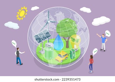 3D Isometric Flat Vector Conceptual Illustration of Green Energy Sources, Sustainable Lifestyle