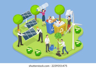 Ilustración conceptual de vectores planos isométricos 3D de trabajadores de collares verdes, ingeniería ambiental