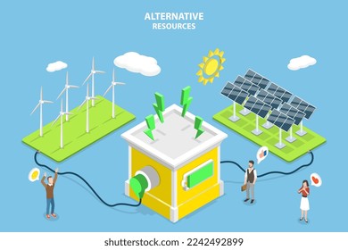 3D Isometric Flat Vector Conceptual Illustration of Alternative Resources, Backup Power Green Energy Storage System