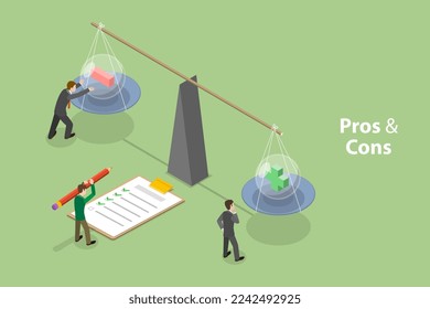 3D Isometric Flat Vector Conceptual Illustration of Pros And Cons, Choice Between Positive and Negative Arguments