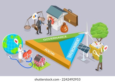 3D Isometric Flat Vector Conceptual Illustration of ESG stands for Environmental, Social, and Corporate Governance, Green Energy, Sustainable Industry