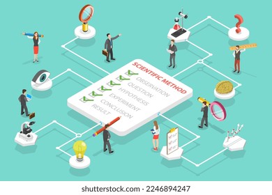 Isométrico Vector plano 3D Ilustración conceptual de la explicación de métodos científicos, obtención de nuevos conocimientos