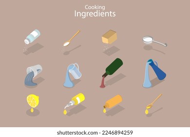 Iluminación conceptual de vectores planos isométricos 3D de ingredientes de cocina, iconos de comida culinaria