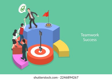 Isometric Vector plano 3D Ilustración conceptual del éxito del trabajo en equipo, el liderazgo y el logro del objetivo