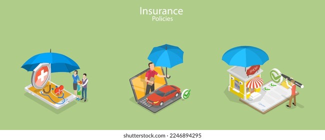 3D Isometric Flat Vector Conceptual Illustration of Insurance Policy Services, Health and Family Protection