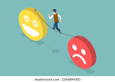 3D Isometric Flat Vector Conceptual Illustration of Transformation Depression to Happiness, Emotional Intelligence and Feeling Control