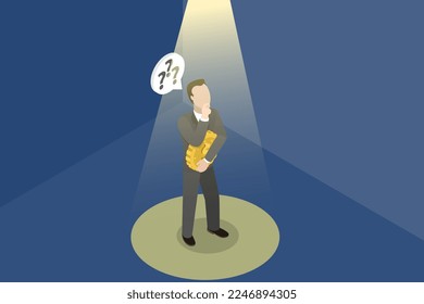 3D Isometric Flat Vector Conceptual Illustration of Money Question, Investment Research