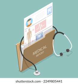 3D Isometric Flat Vector Conceptual Illustration of Medical Report, EHR, Electronic Health Record