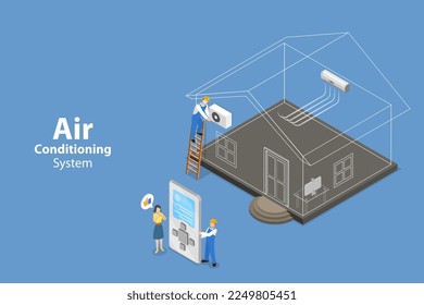 3D Isometric Flat Vector Conceptual Illustration of Air Conditioning System, AC Installation or Repairing