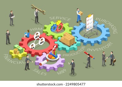 3D-Isometrisches flaches Vektordesign, konzeptionelle Illustration des ERP, integriertes Management der wichtigsten Geschäftsprozesse, Planung der Unternehmensressourcen,