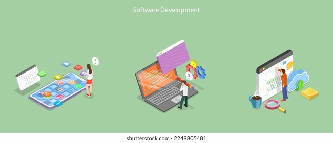 Isometric Flat Vector Conceptual Isometric Ilustración del desarrollo de software, creación de interfaz de usuario de UX y proceso de experiencia de usuario