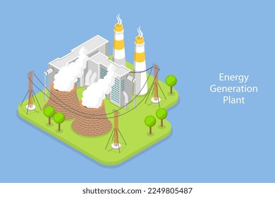 3D Isometric Flat Vector Conceptual Illustration of Energy Generation Plant, Nuclear Power Station