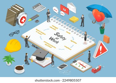 3D Vector plano isométrico Ilustración conceptual de la seguridad en el trabajo, seguridad en el trabajo y administración de la salud