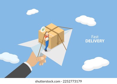 3D Isometric Flat Vector Conceptual Illustration of Fast Delivery, Air Logistics