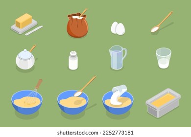 3D Isometric Flat Vector Conceptual Illustration of Baking Elements Set, Preparation Dough for Pastry