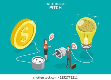 3D Isometric Flat Vector Conceptual Illustration of Entrepreneur Pitch, Successful Startup Idea