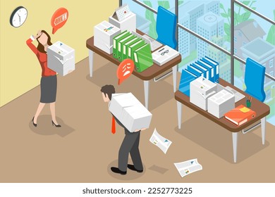 3D Isometric Flat Vector Conceptual Illustration of Overwork and Workload at Office, Sad and Tired Employees