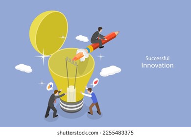 3D Isometric Flat Vector Conceptual Illustration of Successful Innovation, Creative Thinking or Idea Generation