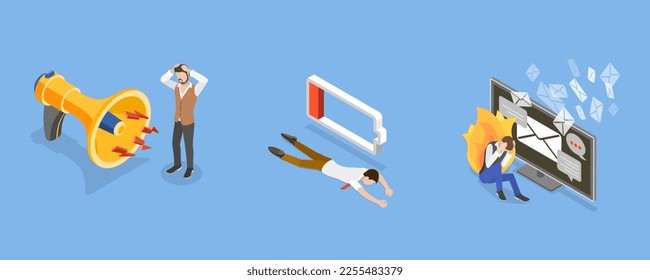 3D Isometric Flat Vector Conceptual Illustration of Lowering Work Efficiency or Burnout, Overworked Employees