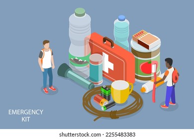 3D Isometric Flat Vector Conceptual Illustration of Emergency Kit, Disaster-preventive Items Set