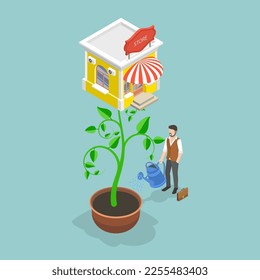 3D Isometric Flat Vector Conceptual Illustration of Small Business Growth, Successful Entrepreneur with Retail Shop