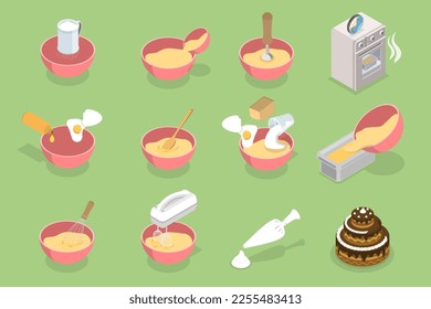 3D Isometric Flat Vector Conceptual Illustration of Baking Ingredients, Preparing Confectionery, Cakes or Pastries