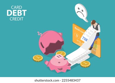 3D Isometric Flat Vector Conceptual Illustration of Credit Card Debt, Business Crisis or Bankruptcy