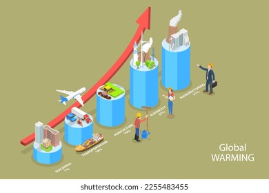 3D Isometric Flat Vector Conceptual Illustration of Global Warming, Greenhouse Gases Emissions Pollution