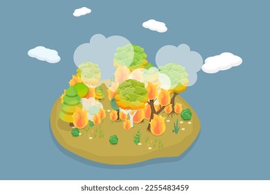 3D Isometric Flat Vector Conceptual Illustration of Forest Fire, Natural Disaster