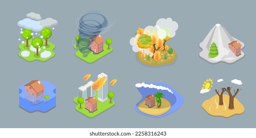 3D Isométrico Vector Plano Ilustración Conceptual del Cambio Climático, Desastres Naturales Set