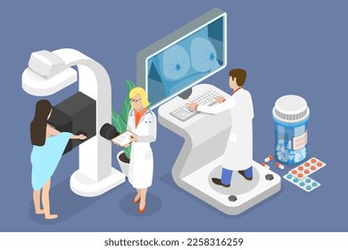 3D Isometric Flat Vector Conceptual Illustration of Mammography, Women Breast Healthcare