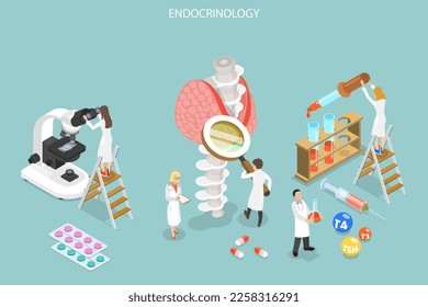 3D Isometric Flat Vector Conceptual Illustration of Endocrinologist, Doctor Diagnose and Treat Human Thyroid Gland