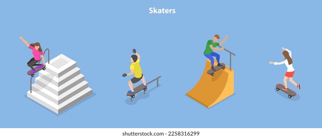 Isometric Flat Vector 3D Ilustración conceptual de patinadores, patinadores en patinaje en Skateboard