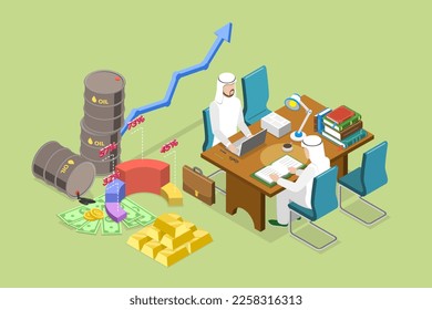 3D Isometric Flat Vector Conceptual Illustration of Oil Business, Saudi Businessmen Meating