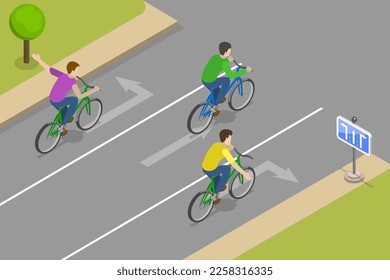 3D Isometric Flat Vector Conceptual Illustration of Safe Bicycle Riding, Traffic Regulation Rules and Tips