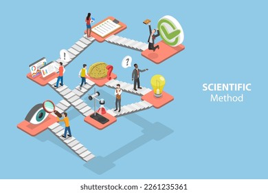 Isométrico Vector plano 3D Ilustración conceptual del enfoque científico, proceso de adquisición de conocimientos